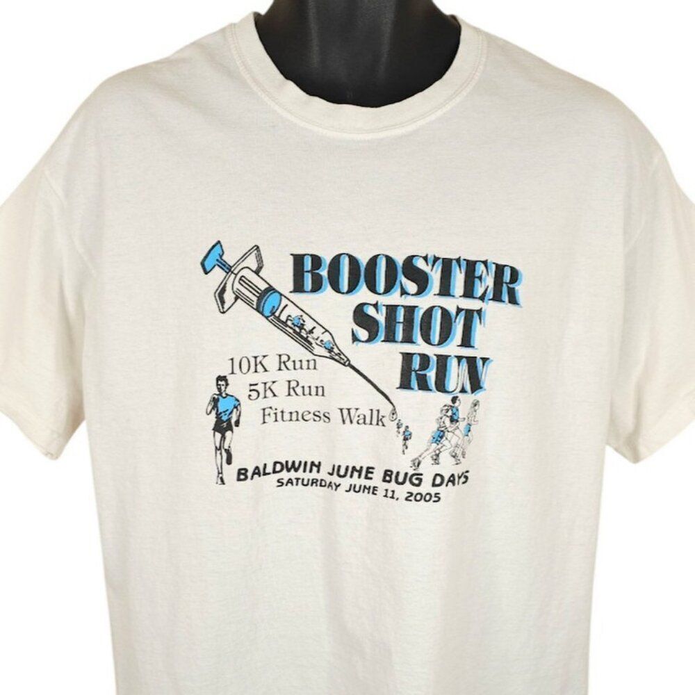 Vintage Booster Shot Run T Shirt Mens Size Large White Y2K 10K Baldwin June Bug